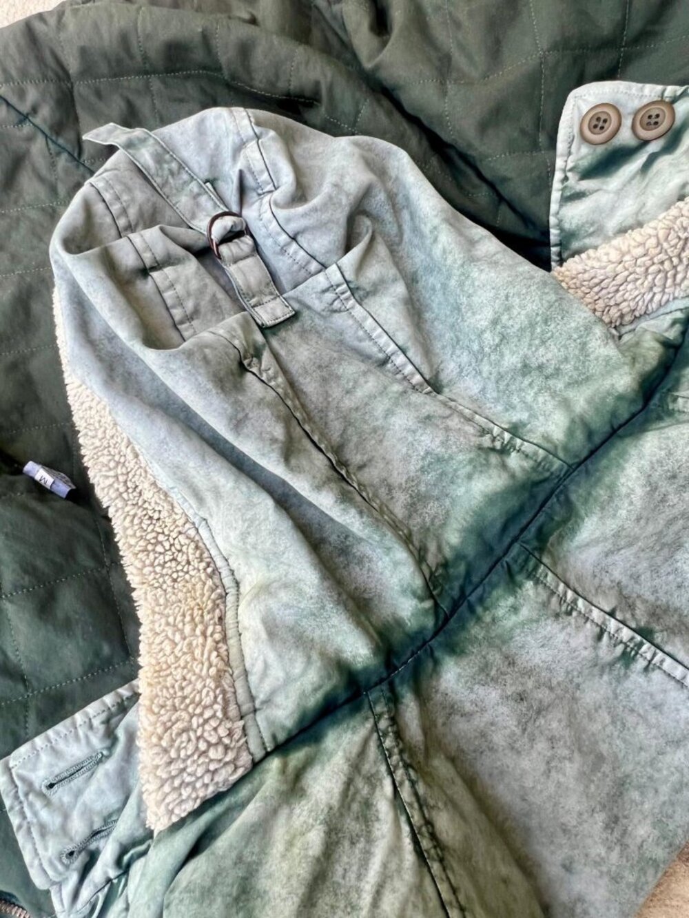 Free City Sherpa Lined Hooded Winter Coat Parka Jacket Green Acid Wash Medium NW - Picture 6 of 9